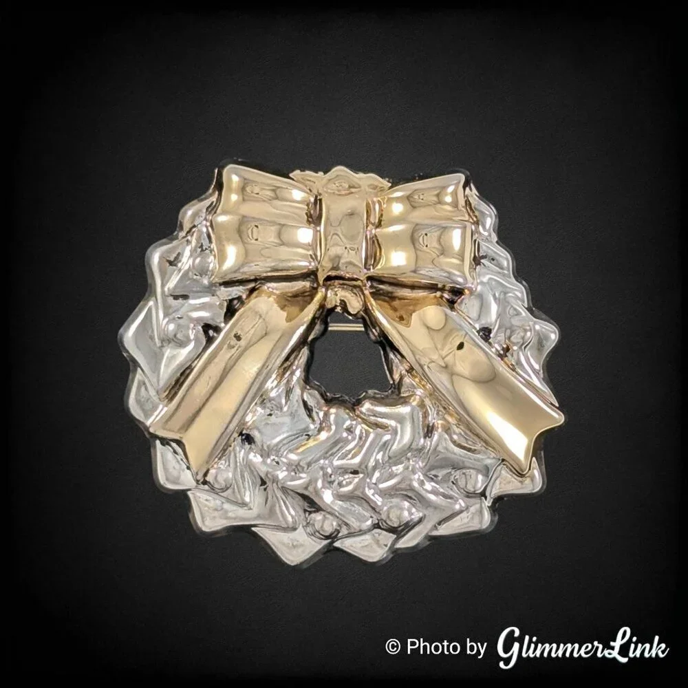 Vintage Silver Plated Wreath Bow Brooch Pendant Gold Tone Holiday Christmas